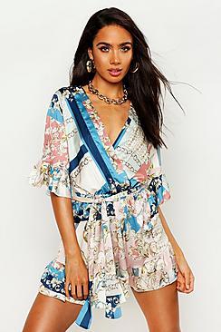 Boohoo Ruffle Detail Satin Chain Print Playsuit