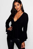 Boohoo Button Detail Plunge Flare Sleeve Blouse