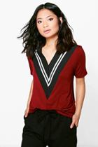 Boohoo Petite Lydia Stripe Rib V Neck Tee Wine