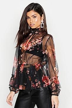 Boohoo Floral Mesh Ruffle Peplum Top
