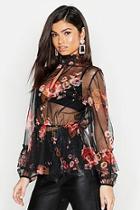 Boohoo Floral Mesh Ruffle Peplum Top