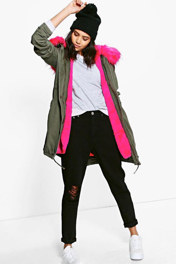 Boohoo Niamh Faux Fur Hood Parka Fuchsia