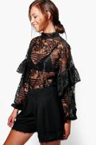 Boohoo Mia Lace Ruffle Sleeve Tie Neck Oversize Blouse Black