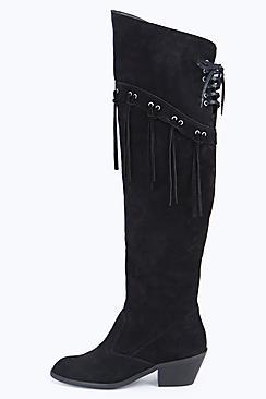 Boohoo Boutique Ella Leather Over The Knee Tassel Boot