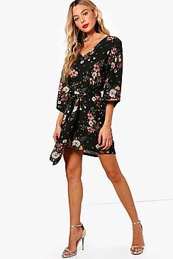 Boohoo Paige Tie Neck Kimono Sleeve Shift Dress