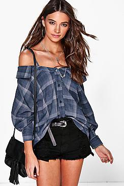 Boohoo Emily Check Open Shoulder Shirt