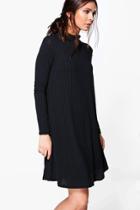 Boohoo Jessica High Neck Rib Knit Swing Dress Black