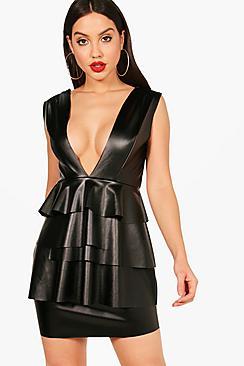 Boohoo Eva Pu Extreme Plunge Layered Skirt Mini Dress