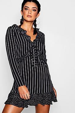 Boohoo Olivia Mixed Print Ruffle Detail Tea Dress