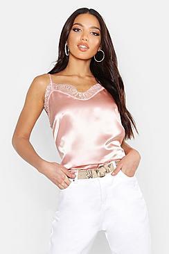 Boohoo Satin Plain Lace Trim Cami