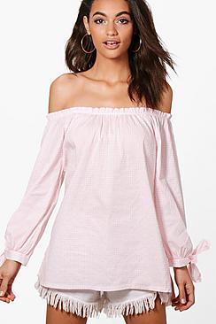 Boohoo Natalie Gingham Off The Shoulder Shirt