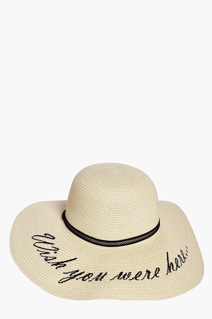 Boohoo Freya Wish You Were Here Straw Hat Cream