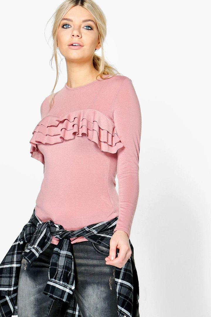 Boohoo Harper Ruffle Yoke Detail Jumper Rose