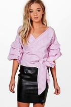 Boohoo Karina Ruffle Sleeve Stripe Wrap Shirt