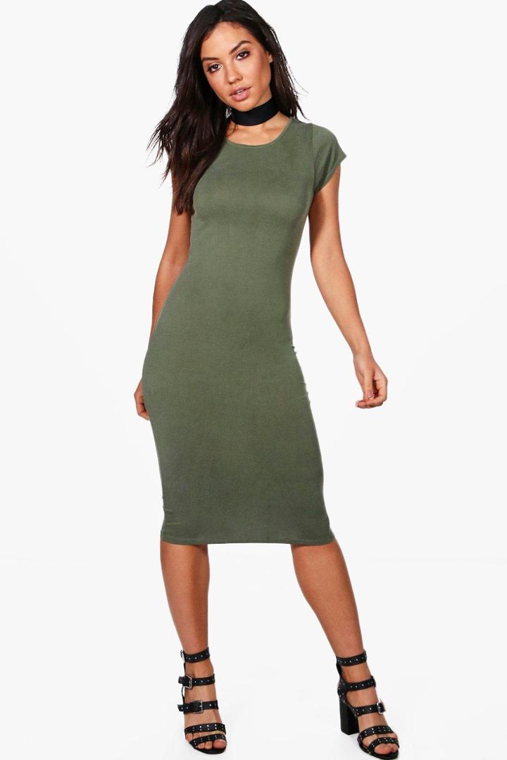 Boohoo Lucie Cap Sleeve Midi Dress Khaki