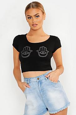 Boohoo Silver Glitter Hands Printed Crop Top