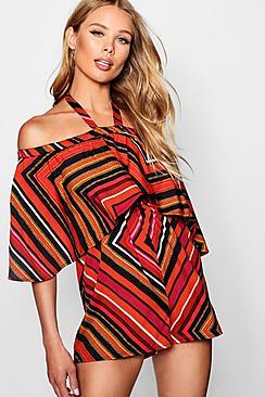 Boohoo Paisley Halterneck Frill Playsuit