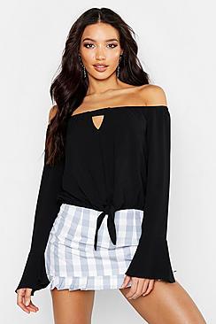 Boohoo Woven Tie Waist Off The Shoulder Top