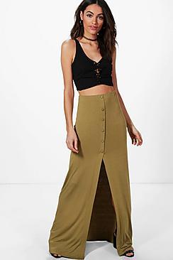 Boohoo Rayah Button Front Split Jersey Maxi Skirt