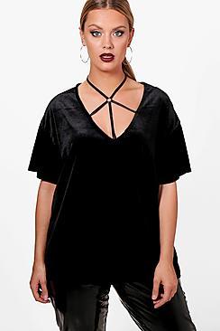 Boohoo Plus Shelly Strap Detail V Neck Velvet Top