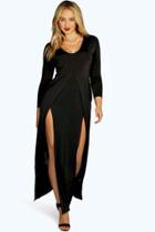 Boohoo Plus Esme Slinky Plunge Front Slitt Maxi Dress Black