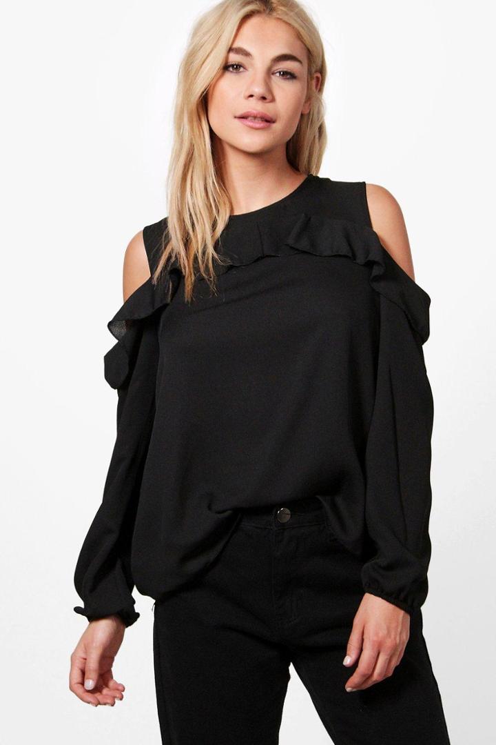 Boohoo Lauren Frill Cold Shoulder Blouse Black