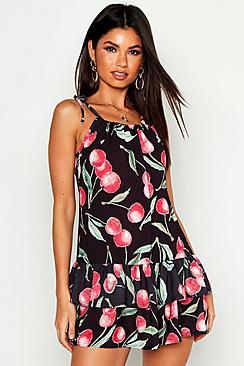 Boohoo Ruffle Tiered Hem Cherry Print Dress