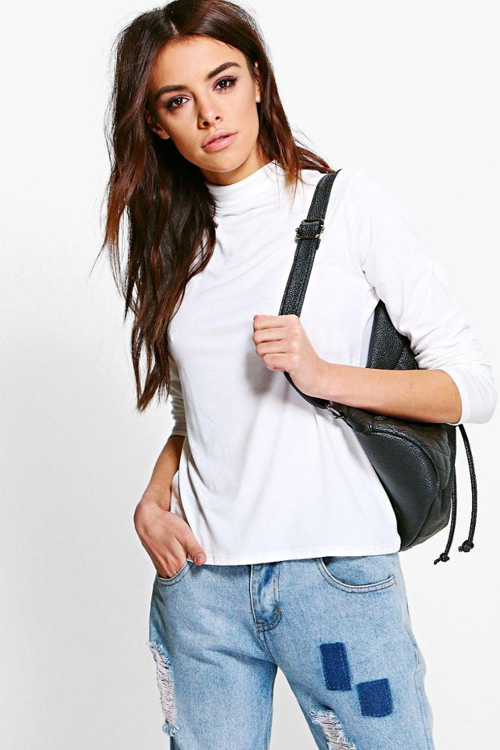 Boohoo Becky Basic Roll Neck Long Sleeve Top Cream