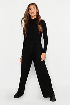 Boohoo Knitted Rib Tie Waist Wide Leg Trousers