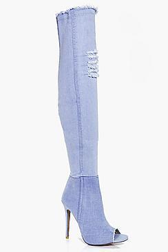 Boohoo Zoe Ripped Frayed Edge Peeptoe Thigh Boot