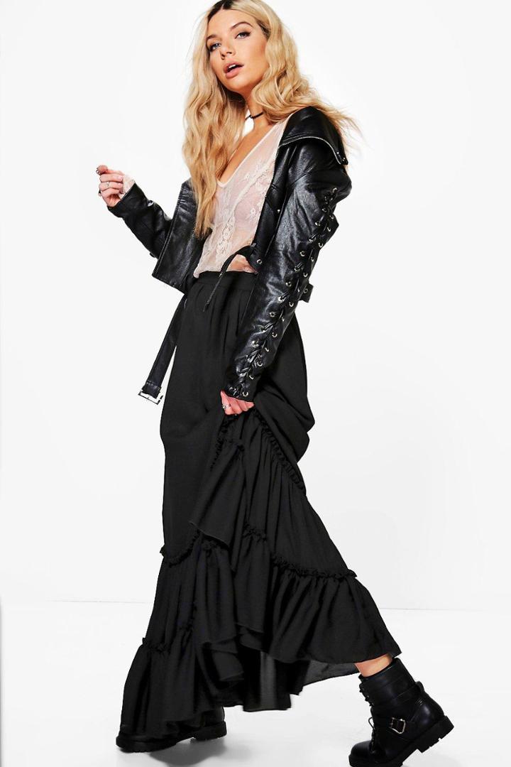 Boohoo Raina Ruffle Hem Chiffon Maxi Skirt Black