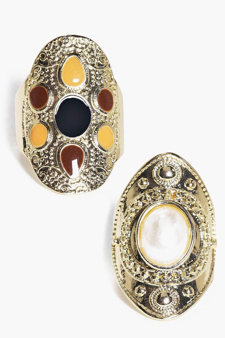Boohoo Kara Stone Set Antique Ring Pack Gold