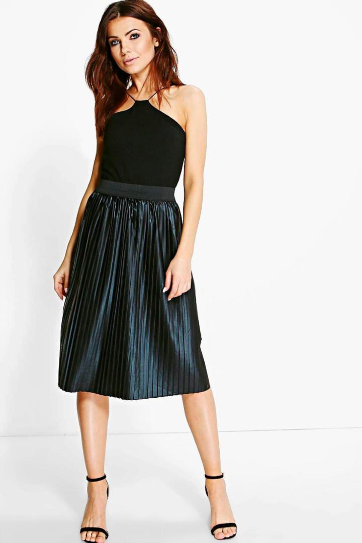 Boohoo Anah Pleated Leather Look Midi Skirt Black