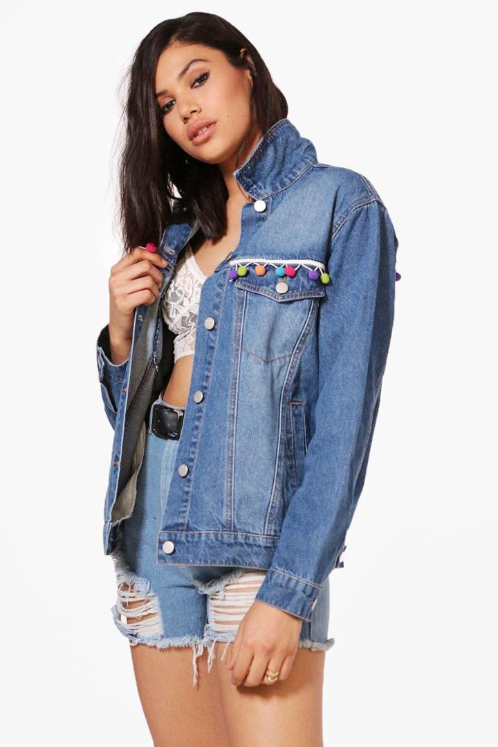 Boohoo Hannah Oversize Pom Pom Jean Jacket Blue