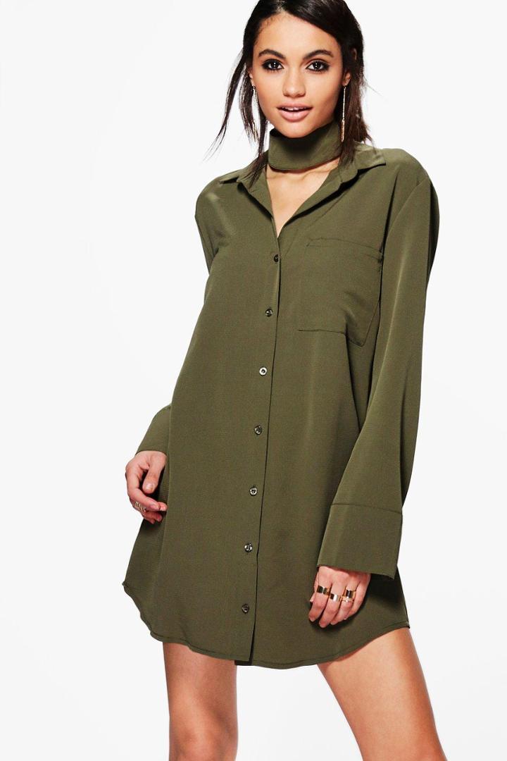 Boohoo Akhila Choker Shirt Dress Khaki