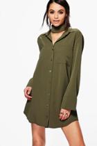 Boohoo Akhila Choker Shirt Dress Khaki