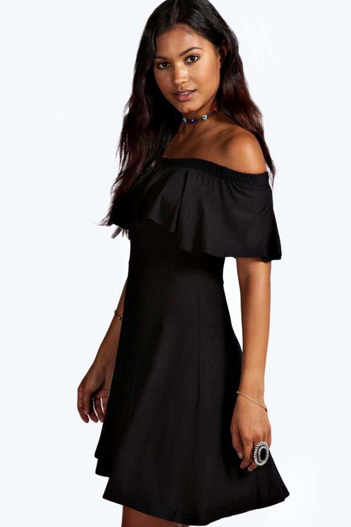 Boohoo Freya Frill Off Shoulder Skater Dress Black