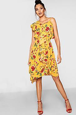 Boohoo Tall Beth Floral Asymmetric Ruffle Dress