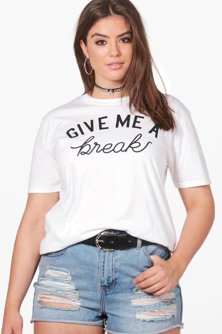 Boohoo Plus Nicola 'give Me A Break' Slogan Tee White