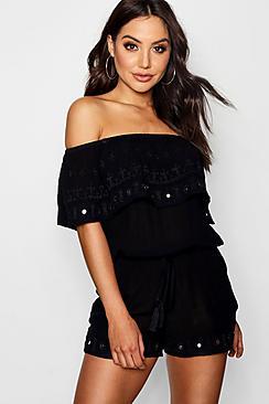 Boohoo Mirrored Ruffle Bardot Playsuit