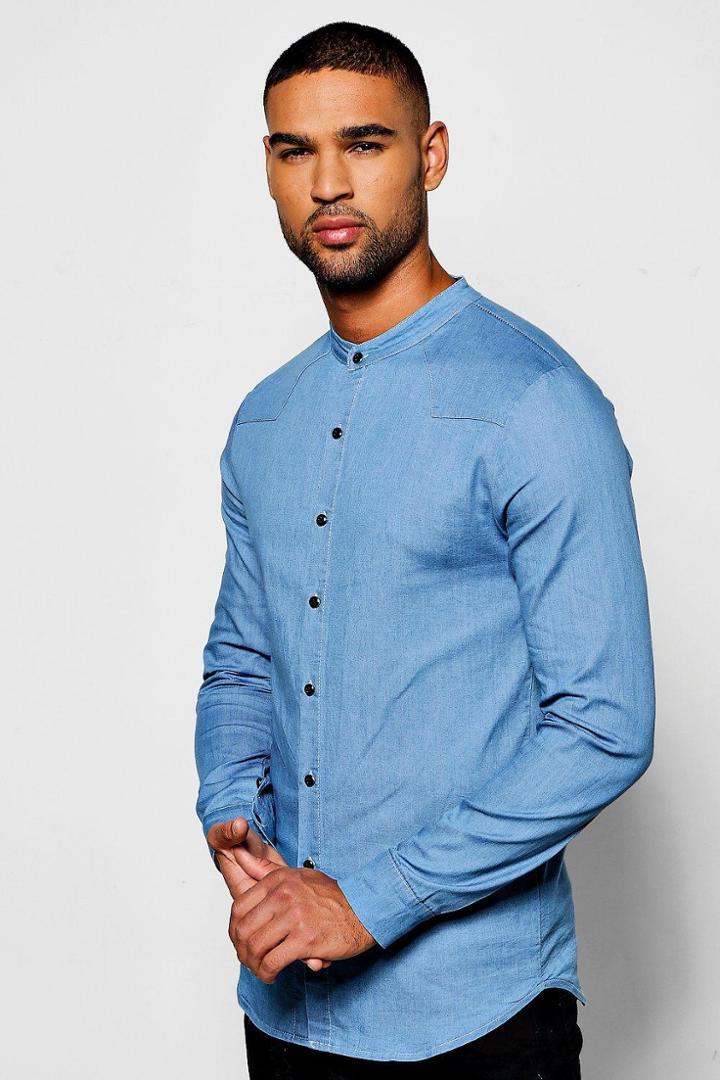 Boohoo Long Sleeve Denim Chambray Western Shirt Blue
