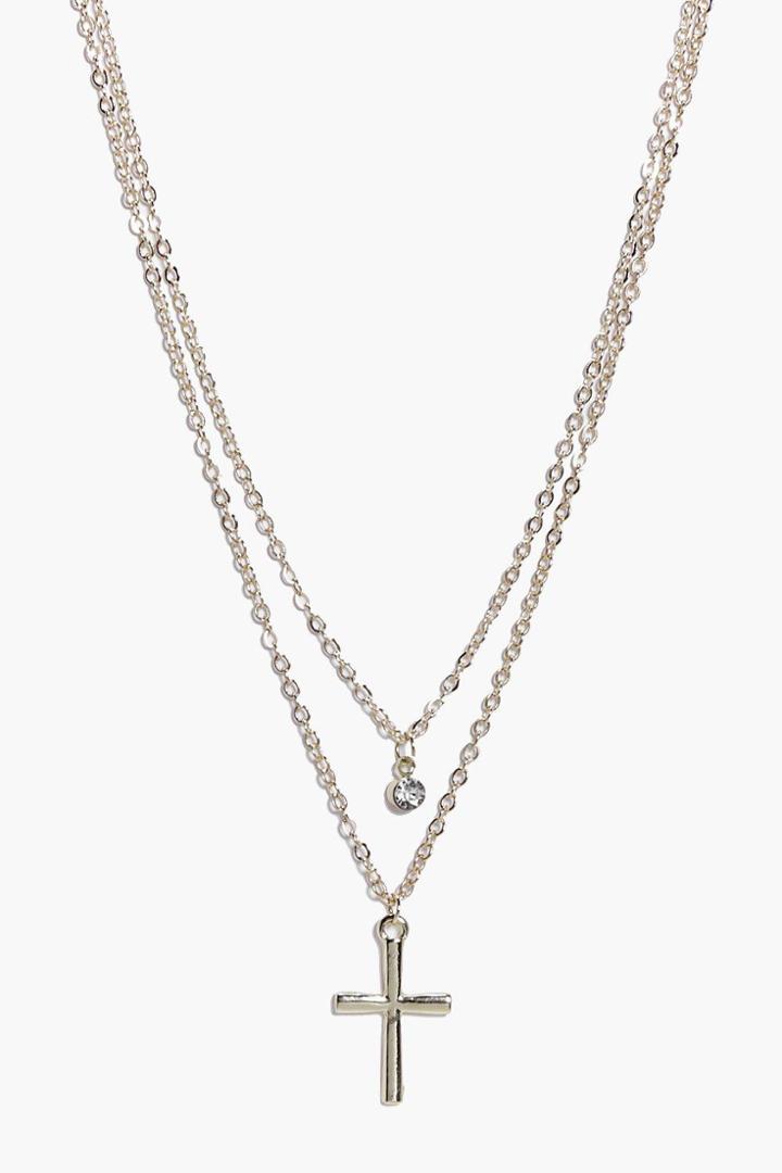 Boohoo Nancy Diamante And Cross Layered Necklace Gold