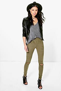 Boohoo Cleo Suedette Split Knee Leggings