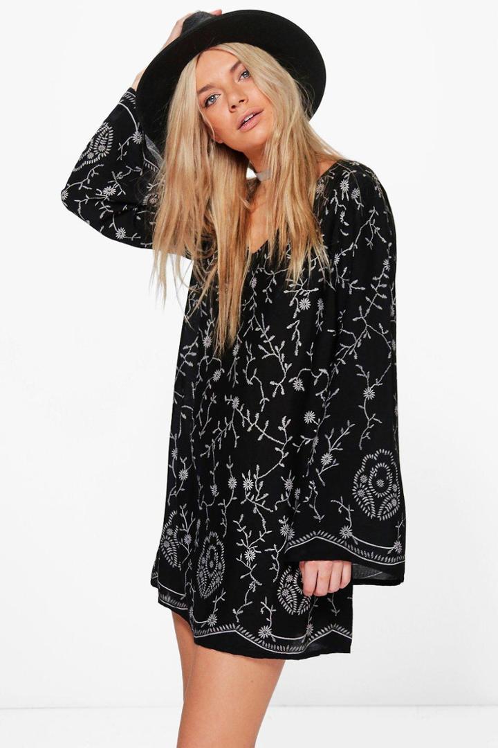 Boohoo Madeleine Embroidered Shift Dress Black