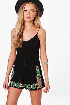 Boohoo Jenny Embroidered Tassel Tie Shorts