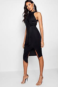 Boohoo Crepe High Neck Wrap Detail Midi Dress