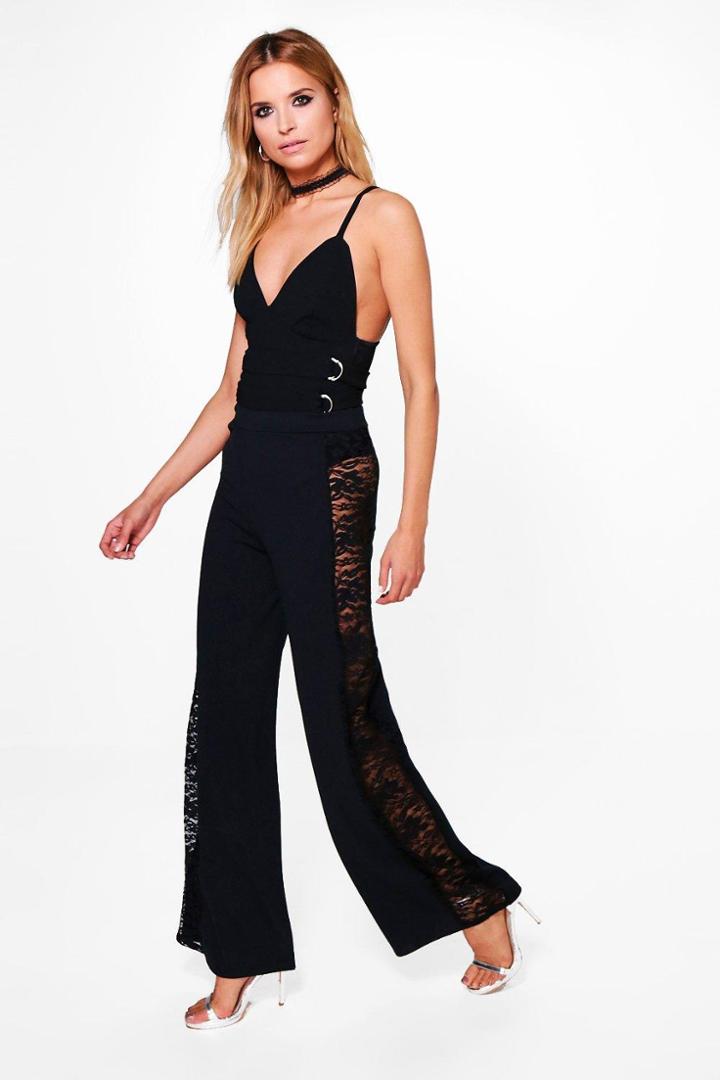 Boohoo Layla Lace Panel Woven Wide Leg Trousers Black