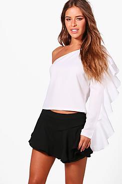 Boohoo Petite One Shoulder Ruffle Woven Top