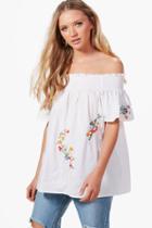 Boohoo Molly Floral Embroidered Off The Shoulder Cotton Top White