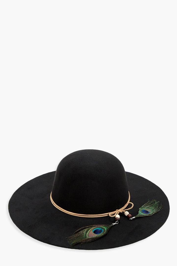 Boohoo Skye Peacock Trim Floppy Hat Black
